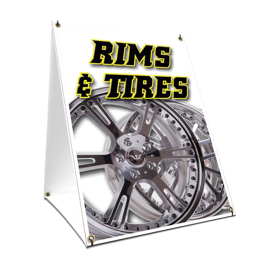 A-frame Sidewalk Sign Rims & Tires With Graphics On Each Side 
