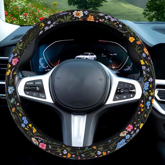 Floral Print Car Steering Wheel Cover, Cute Universal Auto Accessory, Stylish Wheel Protector for Women, Fits 14.5-15 Inch Steering Wheels