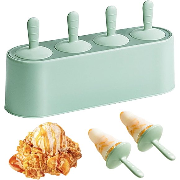 Ice Cream Mould, Silicone 4 Cavity Popsicle Ice Lolly Mould,Ice Lolly Mold,Easy to Remove,Reusable,with Sticks and Drip Guards,for Home,DIY
