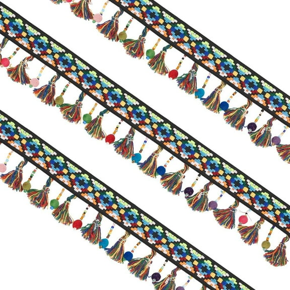 5 Yards Colorful Pom Pom Beads Tassels Ribbon 1 inch Wide Rainbow Braid Jacquard Fringe Ribbon Trim Ethnic Style Polyester Tassel Lace Ribbon for DIY Clothes Craft Accessories