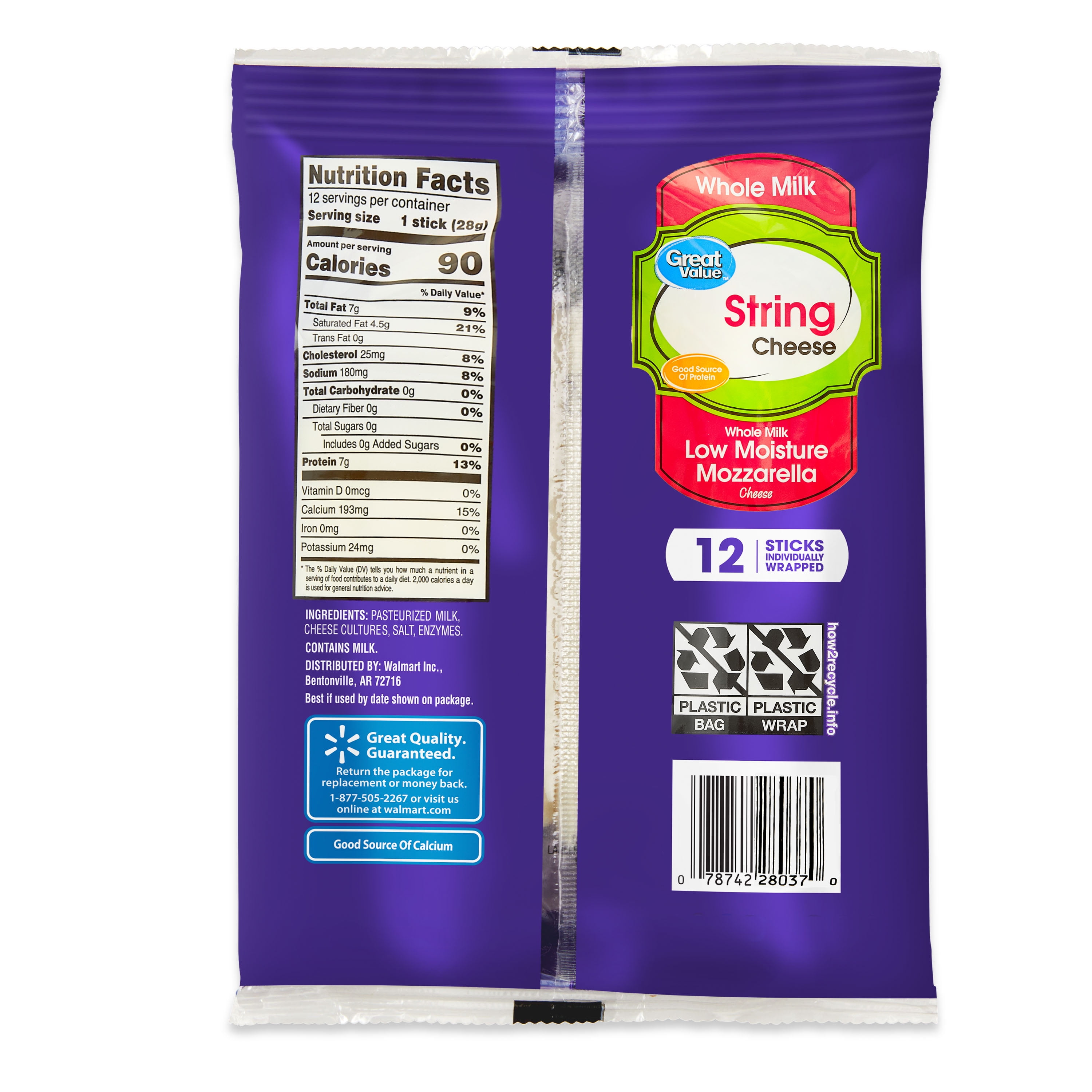Great Value Whole Milk Low-Moisture Mozzarella String Cheese Sticks, 12 oz, 12 Count