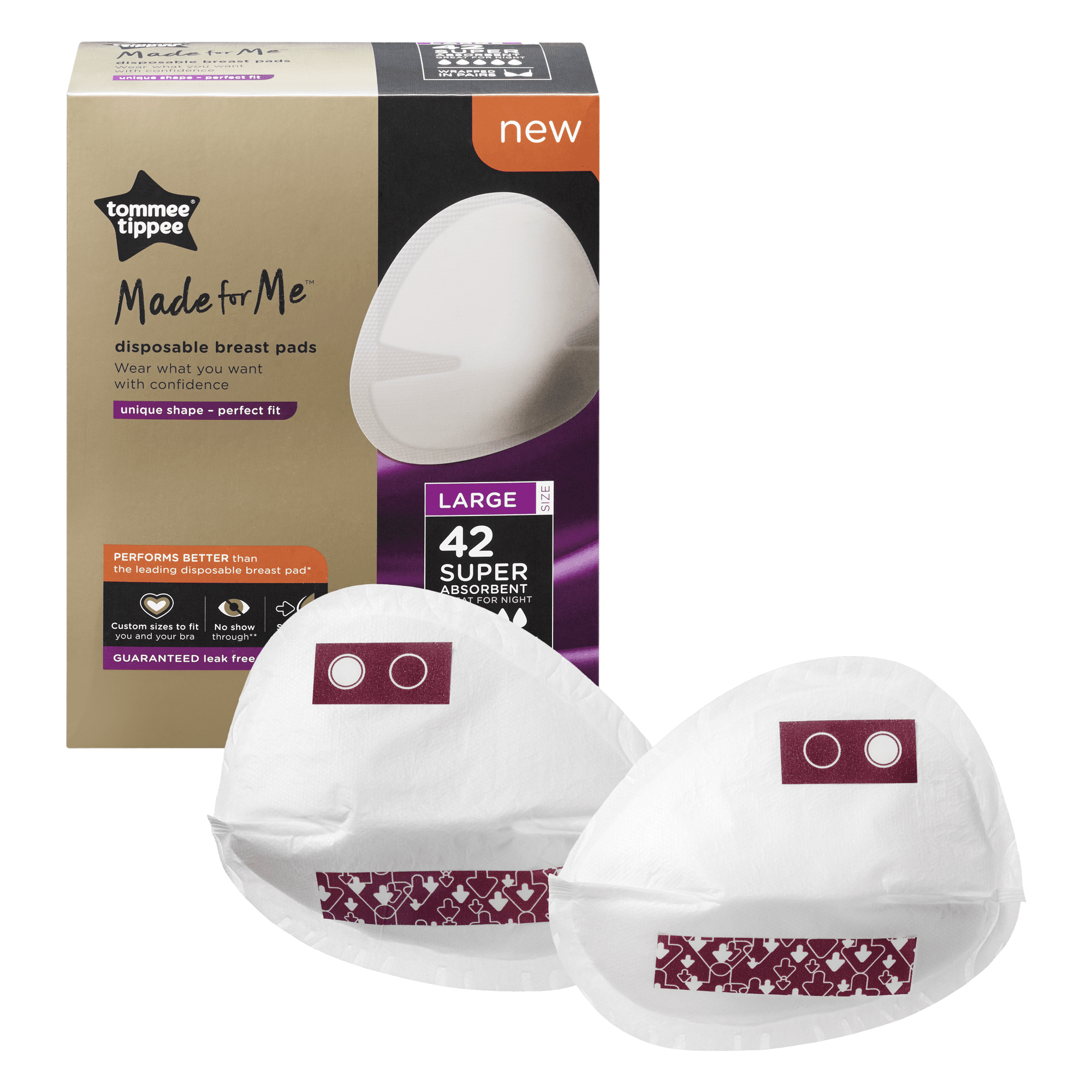 Tommee Tippee Made for Me Super Absobent Disposable Breast Pads, Large (42 Count) | Soft, Leak-Free, Contoured Shape, Adhesive Patch