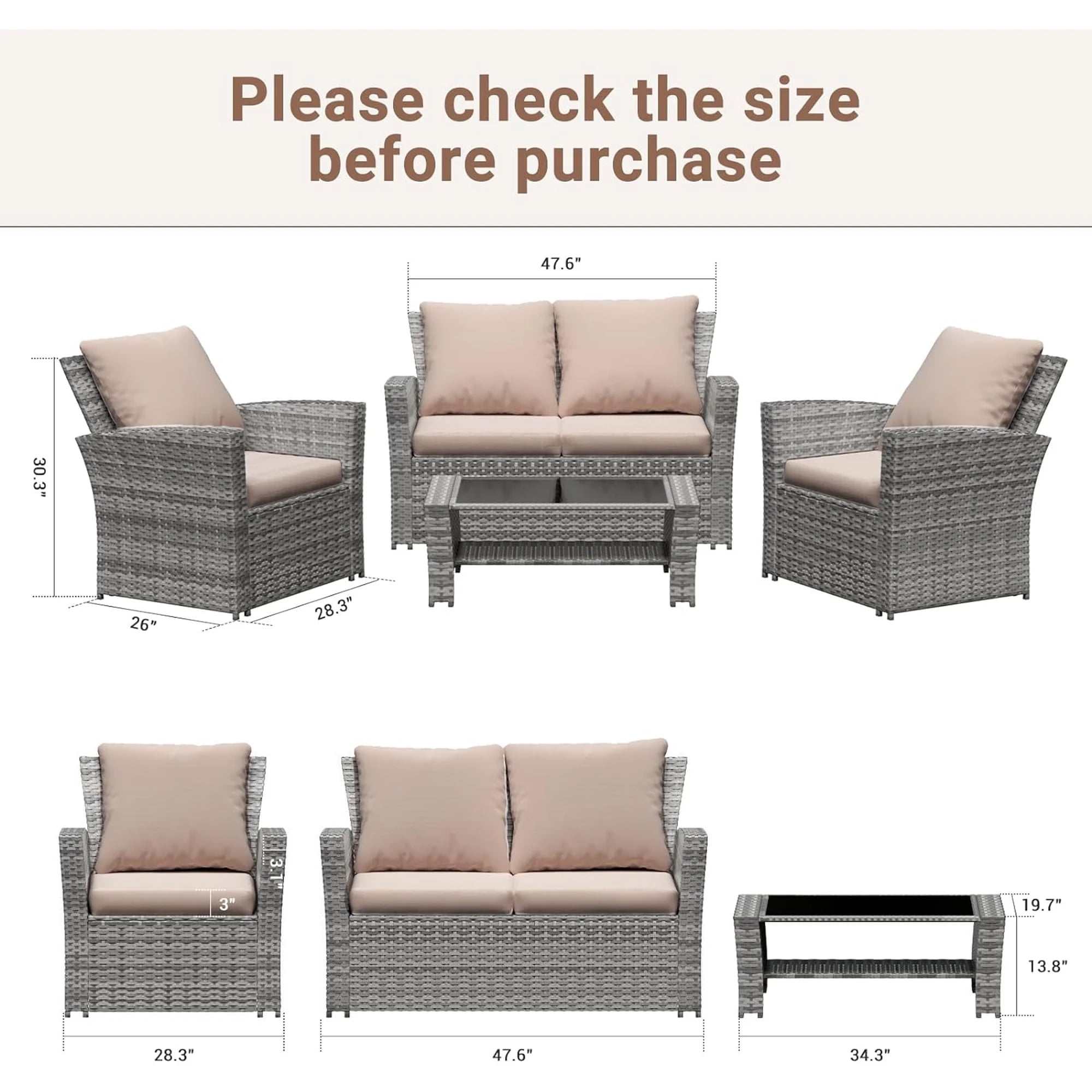 ELPOSUN Wicker Patio Furniture Set, 8 Piece Outdoor Sectional Conversation Sets, Gray PE Rattan Patio Sofa Set for Balcony, Porch, Backyard, Khaki