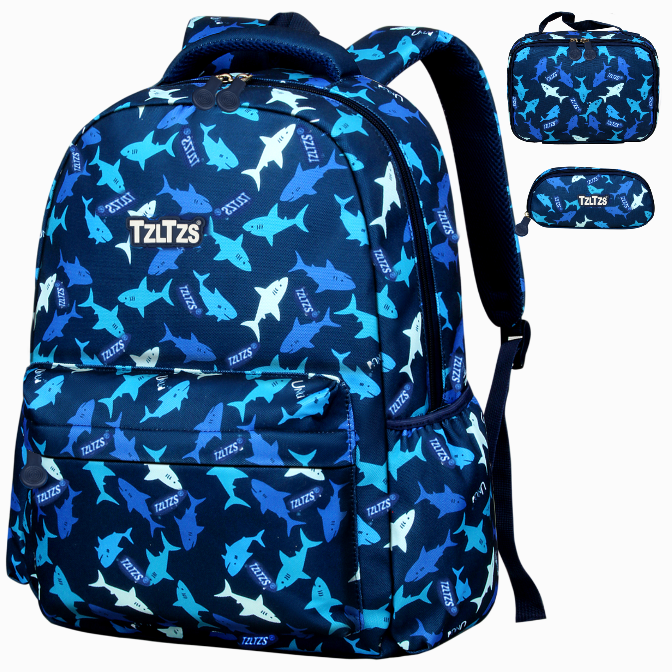 Set de mochila escolar para niños, estampado de tiburón, impermeable, 3 piezas con lonchera y estuche para lápices para estudiantes de primaria 8