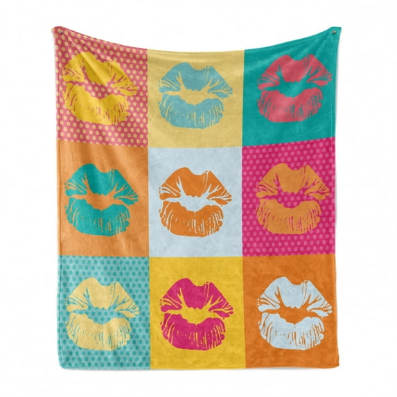 Modern Soft Flannel Fleece Throw Blanket, Woman Lips on Polka Dots Background in Various Frames Fashion Kiss Love Design, Cozy Plush for Indoor and Outdoor Use, 50" x 60", Multicolor, by Ambesonne