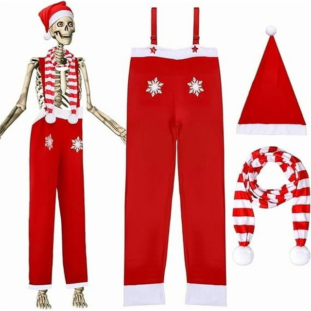 Conjunto de ropa y accesorios de esqueleto de 3,6 m, traje de esqueleto gigante para decoración navideña, ropa de Papá Noel, pantalones cortos, gorros y bufandas rojas, decoración navideña de esquele