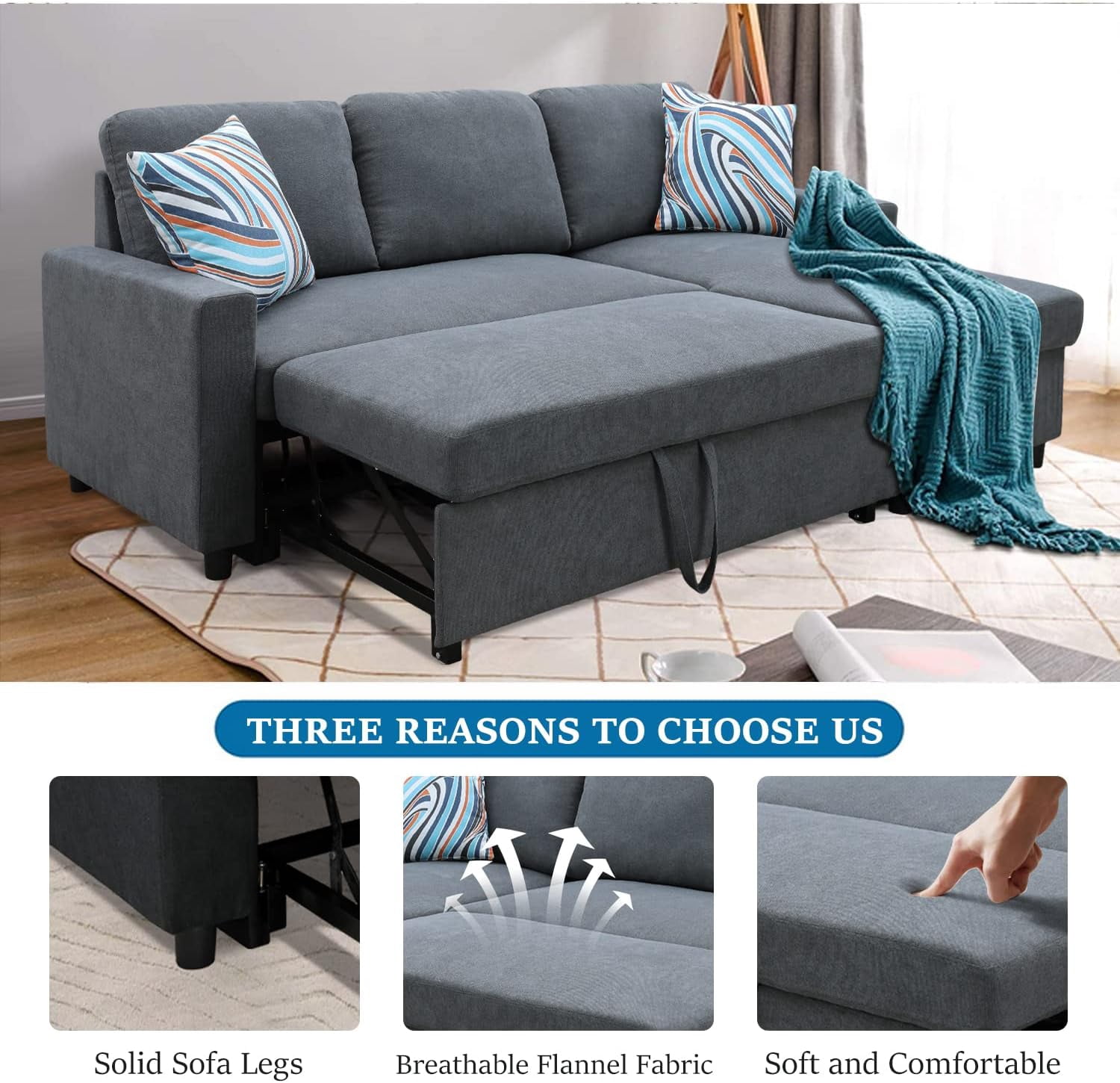 PonLiving 83" Reversible Sectional Sleeper Sofa with Storage Chaise Dark Grey Flannelette - Convertible L-Shaped Couch with Pull Out Bed
