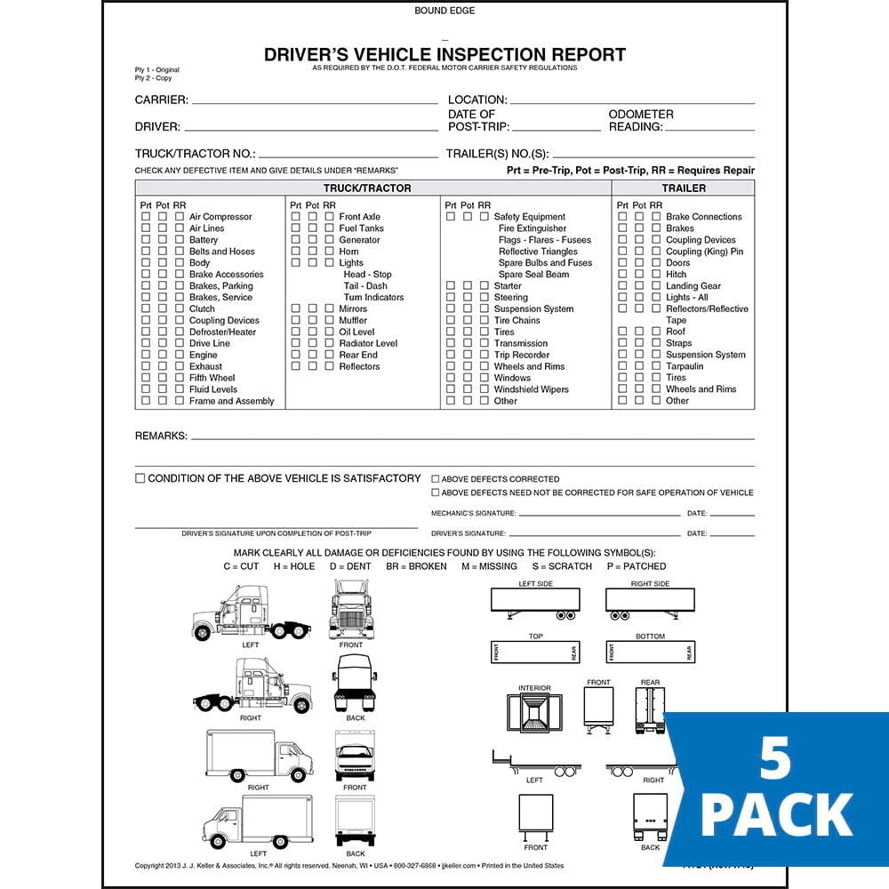 Detailed Driver Vehicle Inspection Report Book with Illustrations 5-pk. - 2-Ply Carbonless, 8.5"x11", 31 Sets of Forms Per Book