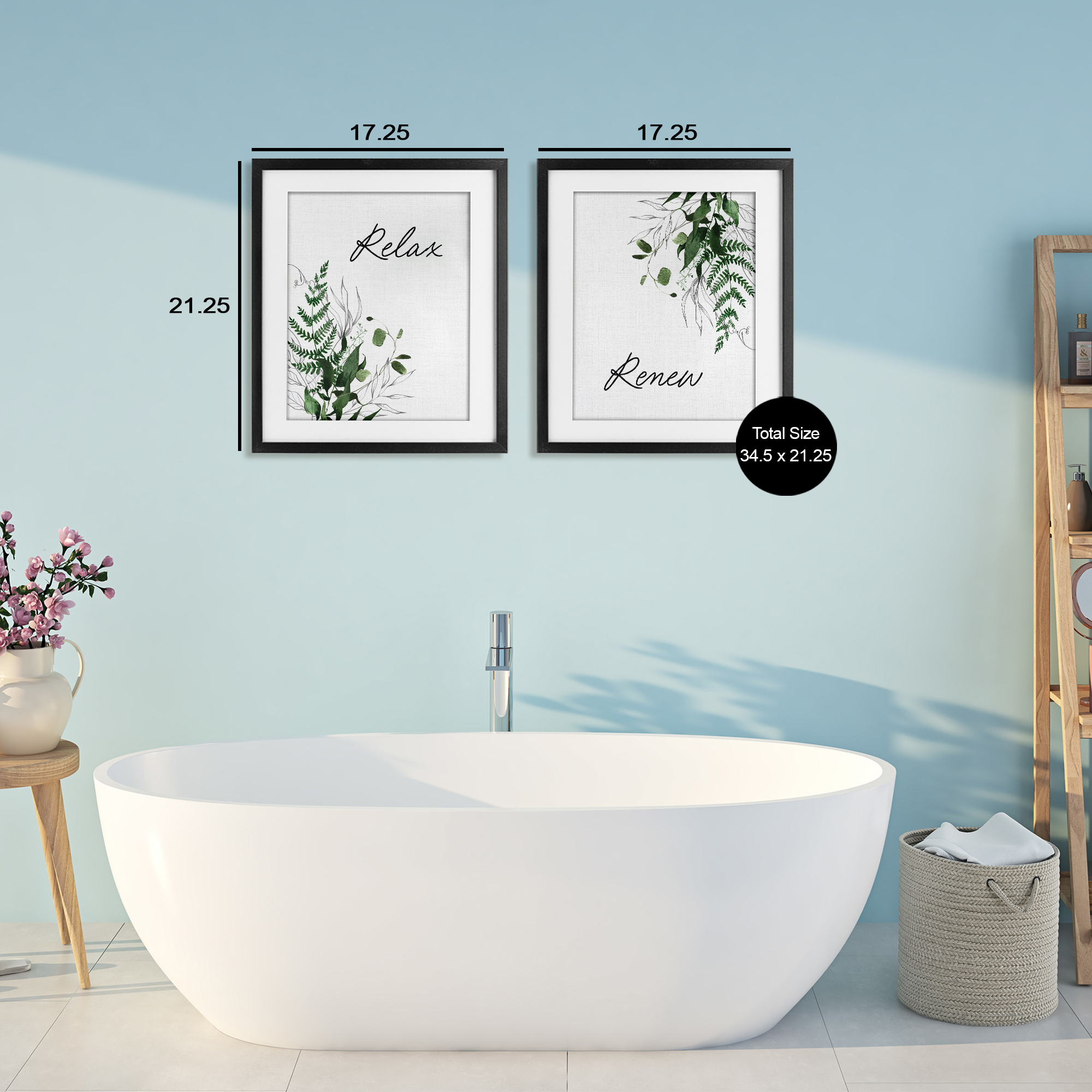 Relax Renew Botanical Leaves 2 Piece Black Framed Print Under Glass Set, design by Lettered and Lined