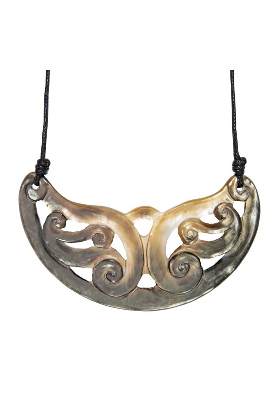 Women's Hand Carved Brown Mother of Pearl Koru Spiral Cord Breastplate Necklace