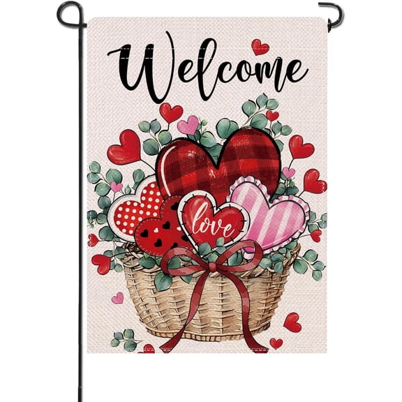 Welcome Valentines Day Small Decorative Garden Flag, Red Pink Love Heart Basket Yard Lawn Outside Decor, Anniversary Wedding Burlap Outdoor Home Decoration Double Sided 12 x 18
