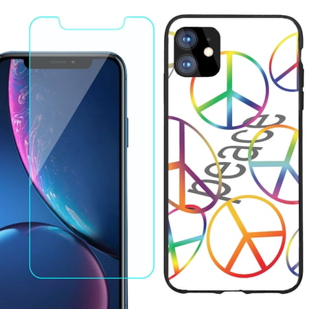 For Apple iPhone 11 Phone Case Slim-Fit TPU Protective Case (Black) with Tempered Glass Screen Protector by OneToughShield ® - Colorful Peace