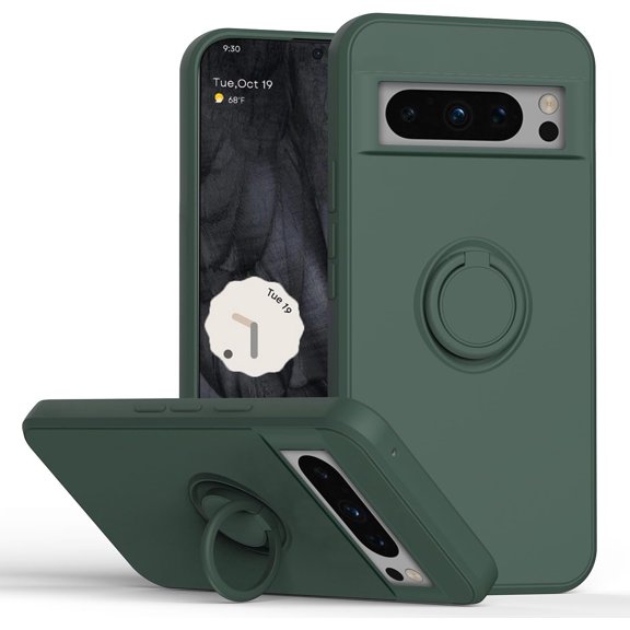 for Google Pixel 8 Pro 2023 Case,Slim Liquid Silicone Ring Kickstand Soft Anti-Scratch Microfiber Lining Protection Bumper Case Army Green