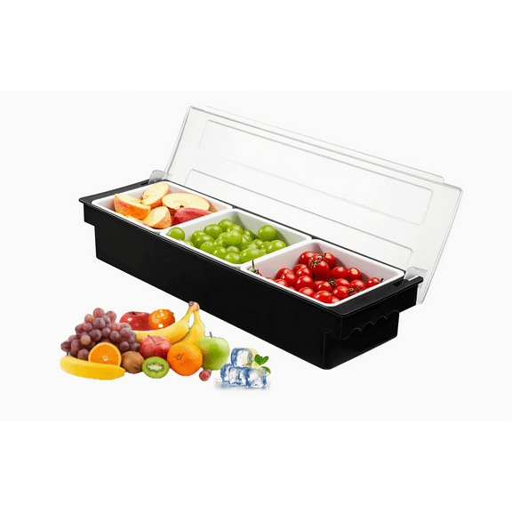 Ice Chilled Condiment Caddy Serving Container with Lid,Fruit Veggie Condiment Caddy Removable Compartment Garnish Station Server Organizer for Ice Cream Taco Salad Bar Home Restaurant(3 Compartment)