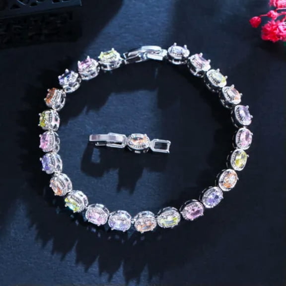 Multicolor Rainbow CZ Oval Tennis Chain Bracelets for Women Gold Fashion Jewelry