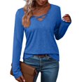 thumbnail image 1 of Camiseta de Larga con Cuello en V para Mujer, Estilo Casual, Cómoda, Elástica, de Color Liso. Azul L, 1 of 6