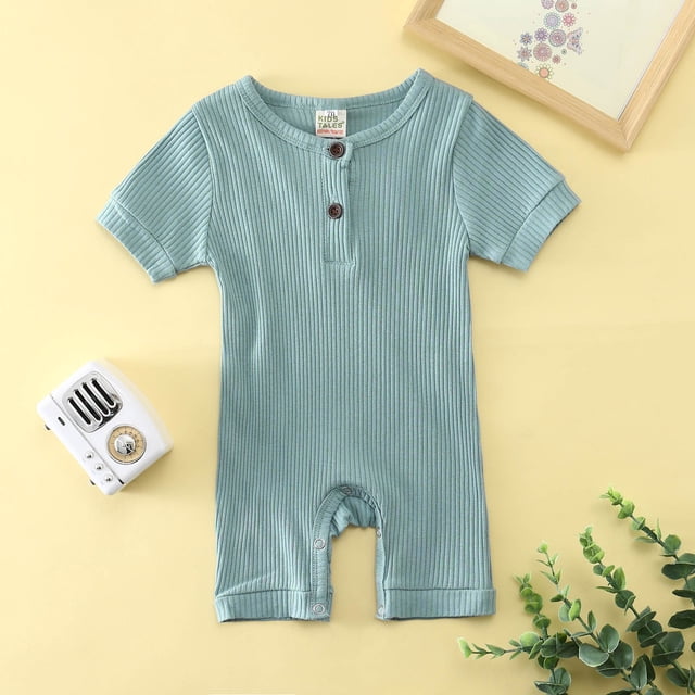 XDZJLR Girls' Jumpsuits & Rompers Infant Babys Boys Summer Newborn Casual Solid Color Knitted Ribbed Pattern Romper Blue 0-3 Months