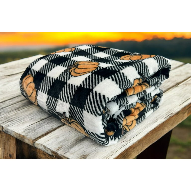 Serafina Home Seasonal Decor Fall Checkered Couch Throw Blanket with Black White Orange Pumpkins Walmart