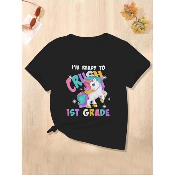 Girls' Summer Unicorn & Rainbow Print Tee - Breathable, Quick-Dry Short Sleeve T-Shirt for Outdoor Fun