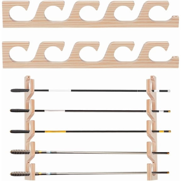 2Pcs Horizontal Fishing Rod Holders for Garage Bamboo Wall Mount Fishing Pole Holders White Wall Ceiling Rack 5 Fishing Pole Storage