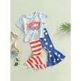 thumbnail image 3 of Bagilaanoe 4th of July Clothes for Toddler Baby Girls Short Sleeve Letter Print T-shirts Tops + Striped Flare Trousers 9M 12M 18M 24M 3T 4T Kids Independence Day Outfits 2pcs Long Pants Set, 3 of 9
