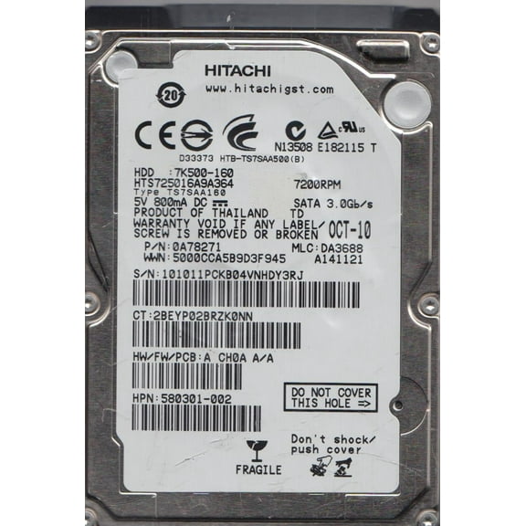 HTS725016A9A364, PN 0A78271, MLC DA3688, Hitachi 160GB SATA 2.5 Hard Drive