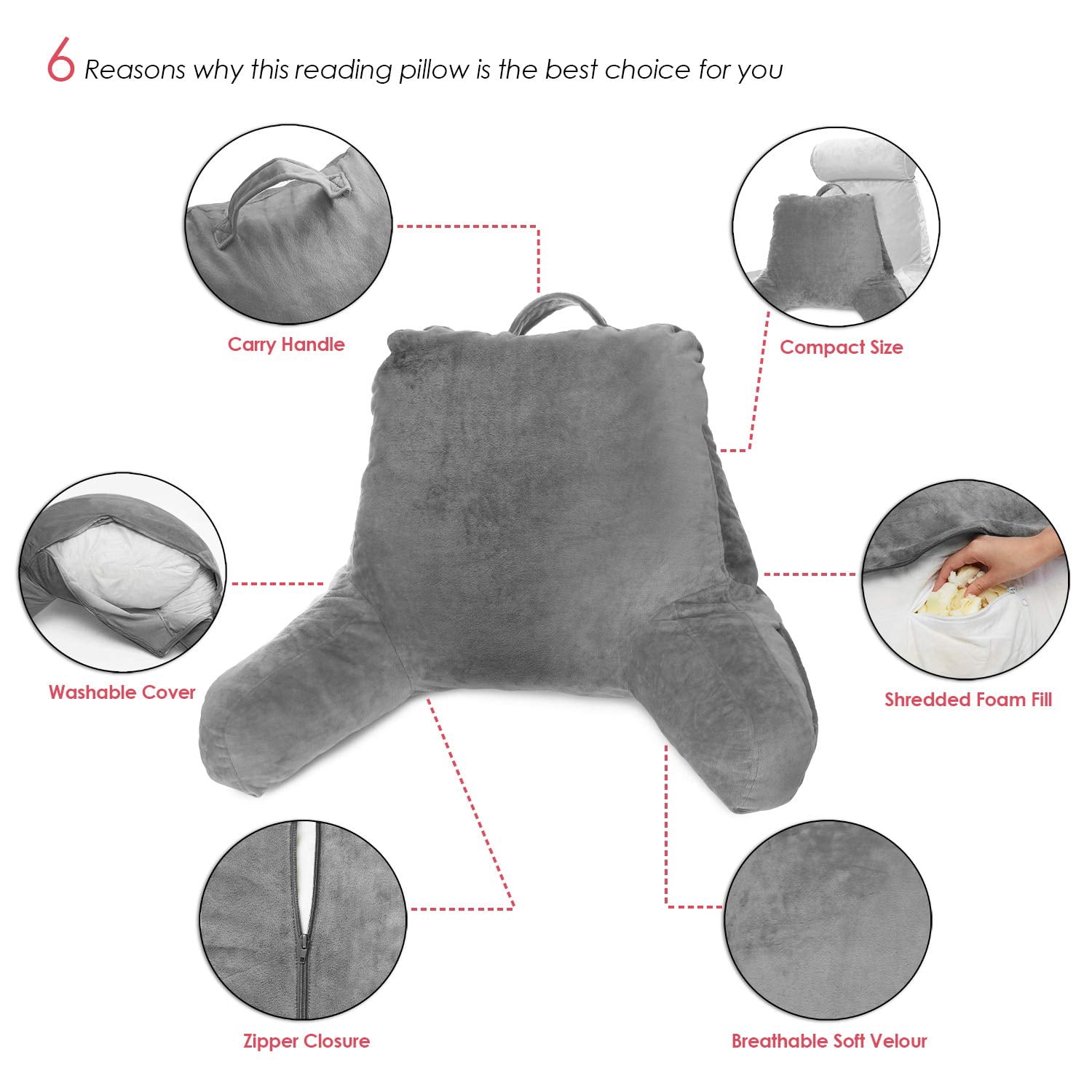 Clara Clark Bed Rest Reading Pillow with Arms and Pockets- Premium Memory Foam Pillow, Medium, Gray