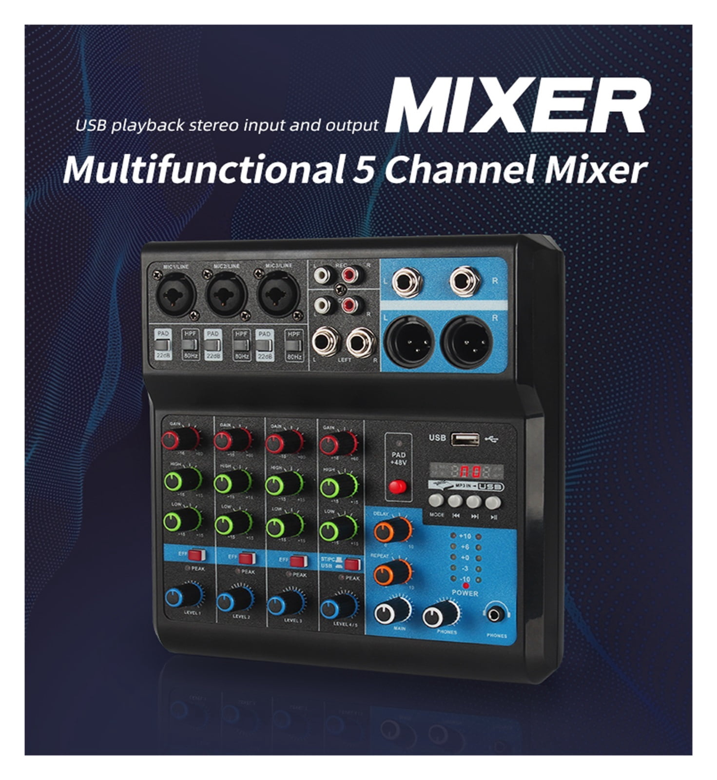 5-Channel Portable Professional DJ Mixer Built-in 48v Phantom Power USB Sound Mixing Console for Stage Live Broadcast ,Easy to Operate