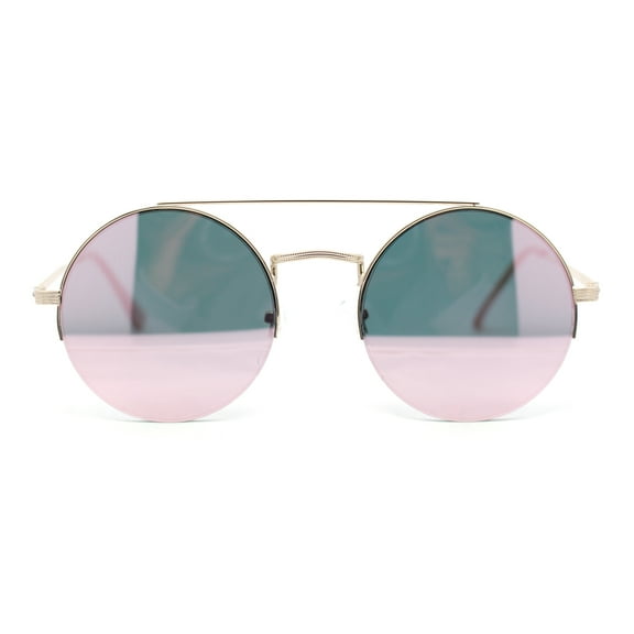 Hippie Color Mirror Round Circle Lens Metal Half Rim Double Bridge Sunglasses Gold - Pink Mirror