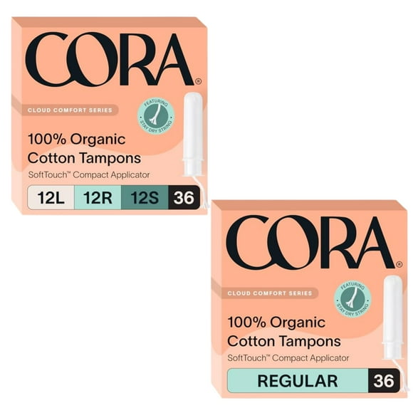 Cora Organic Feminine Care | Applicator Tampons Regular and Multipack | 100% Organic Cotton | Leak Protection | 72 Total | Bundle Pack