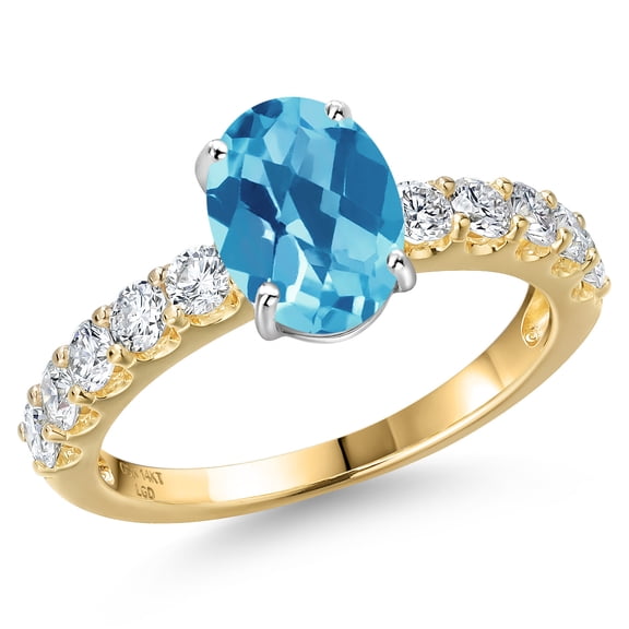 Gem Stone King 14K Two Tone Gold Swiss Blue Topaz and Lab Grown Diamond Engagement Ring for Women | 2.90 Cttw | Oval Checkerboard 9X7MM | Gemstone November Birthstone | Size 8