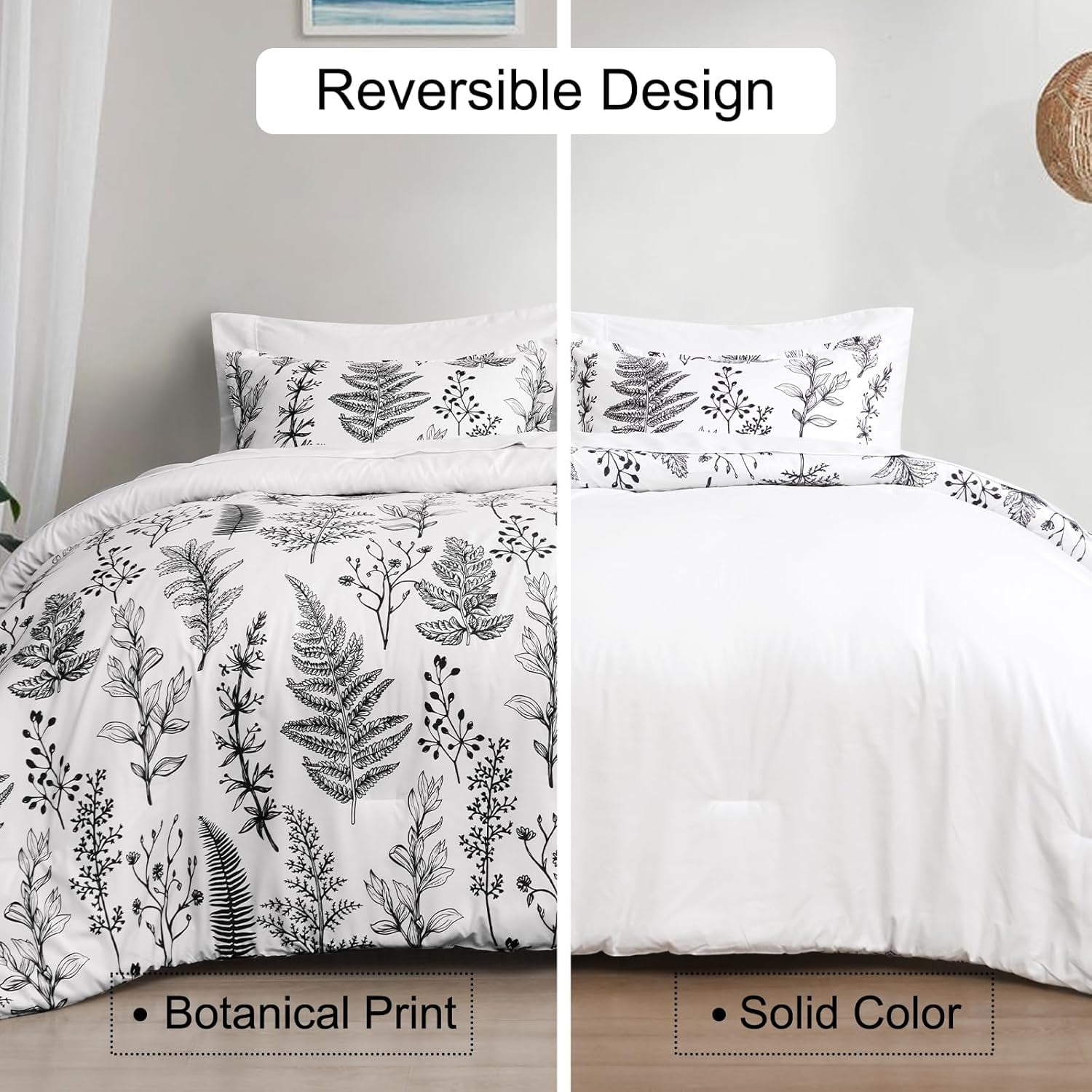 PHF 5 Pieces Printed Twin Comforter Set, Lightweight Reversible Botanical Bedding Set Include Comforter, Pillow Sham, Flat Sheet, Fitted Sheet and Pillowcase, White