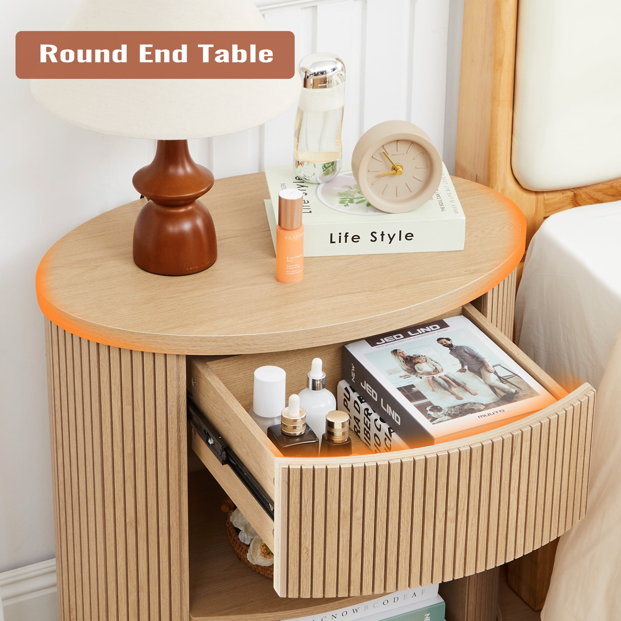 YOCWO Oval Nightstand with 1 Drawer and Adjustable Shelf for Bedroom with Carved Line Design, Round End tables for Living Room, Natural