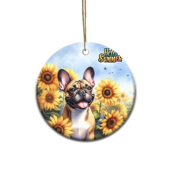 French Bulldog Hello Summer Sunshine Sunflowers Spring Retro Vintage Ceramic Round Ornament Dog Lover Gifts Home Tree Decor - 00008