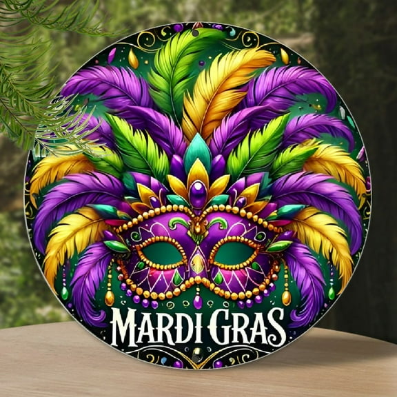 1pc Vintage Mardi Gras Mask Round Aluminum Sign, 8x8 Inch Wall Art Decor, Durable Metal Garage Wall Hanging, Cafe Bar Living Room Wall Plaque, High-Definition