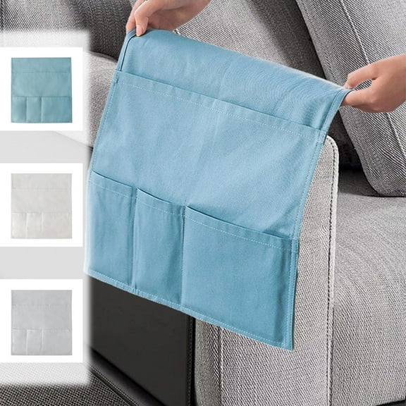 Sofa Armrest Storage Bag Organizer, 1-pack Canvas Side Pocket in White Gray Blue, Hanging Storage for Remote Phone Books Magazines, Space Saving Organizer for Living Room Bedside Office Dorm