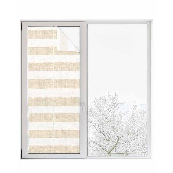 Window Privacy Film Beige Stripe Stained Glass Window Film Decorative Sun Block Window Cover Vintage Country Geometric Linen Texture Window Clings Static Adhesive Sticker for Bathroom 29.5"x78.7"