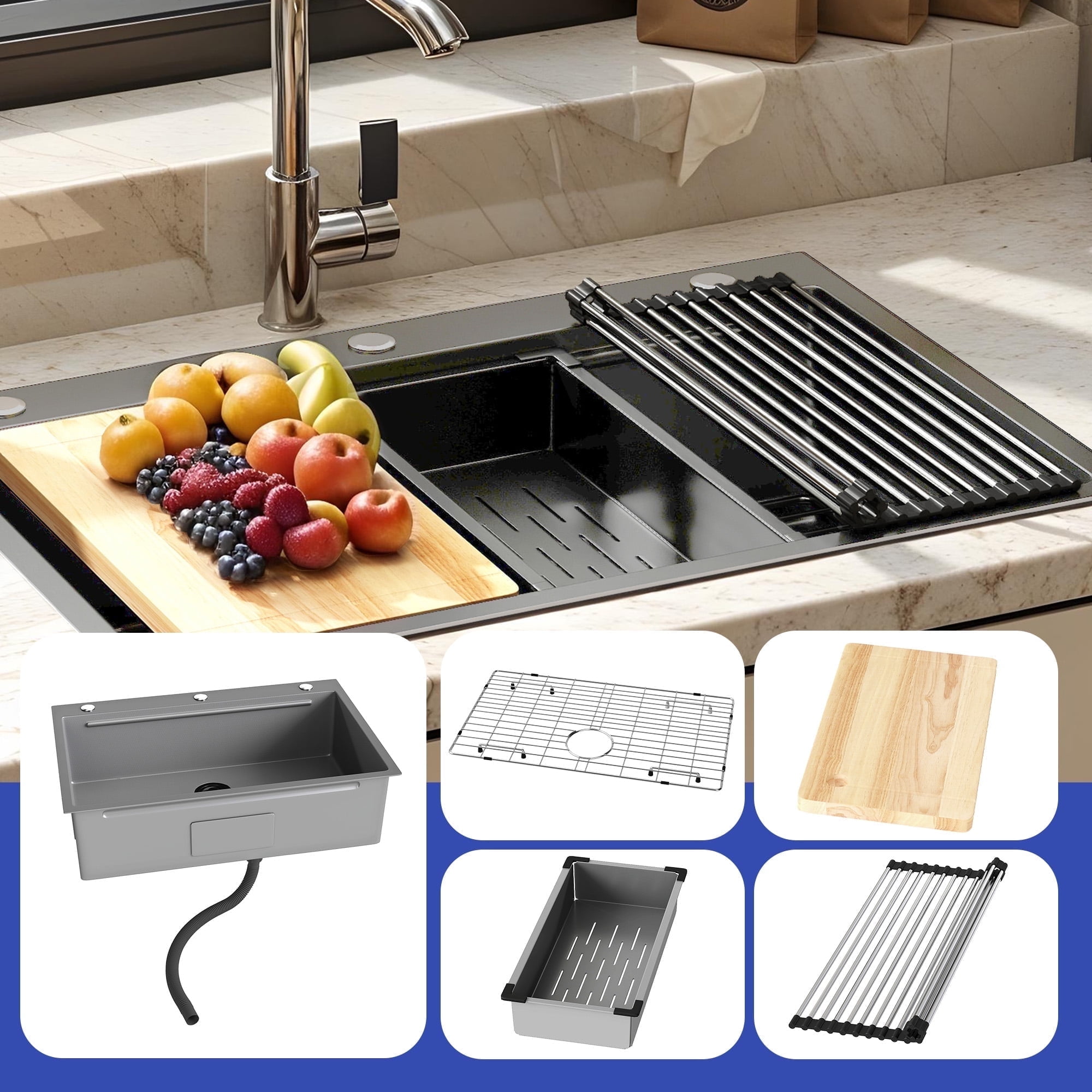 ModFusion 33″ Single Bowl Gunmetal Workstation Kitchen Sink, Drop-In Nano Stainless Steel, Drain Kit, 2.7'x1.8' ft Ledge Accessories, Wood Cutting Board, Gray