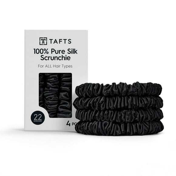 Tafts 4 Pcs 22 Momme Chouchous en Soie de Mûrier, Chouchous en Soie de Mûrier pour Tous Types et Textures de Cheveux, Accessoires pour Cheveux pour Femmes Filles, Noir Minuit