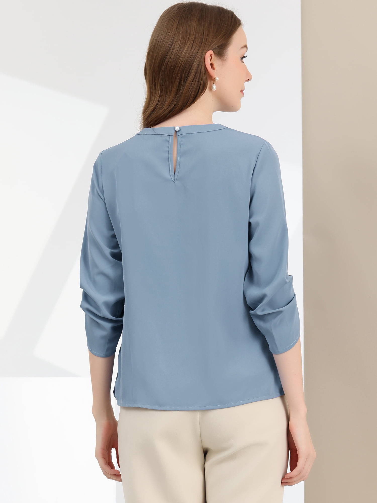 DARING DIVA Round Neck Keyhole Pleated Shirred Work Top S Grey Blue