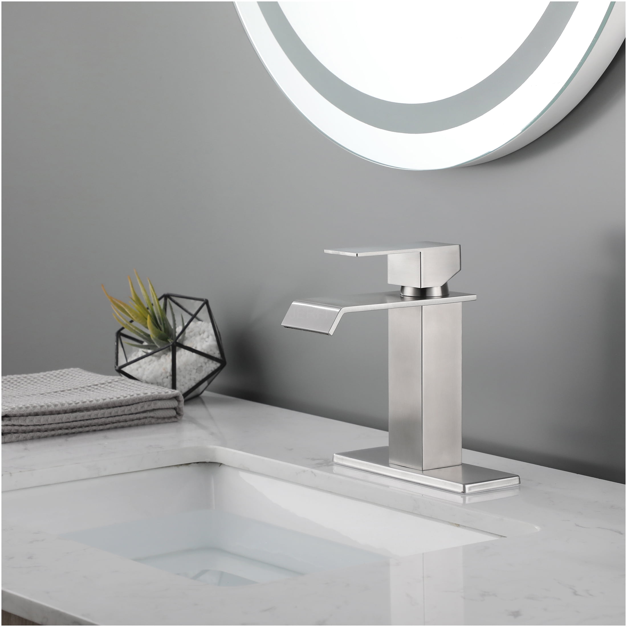 JERFIT Brushed Nickel Single Handle Bathroom Sink Faucet, Waterfall Spout Vanity Faucet with Pop-Up Drain, 1-Hole Mount, CUPC Certified