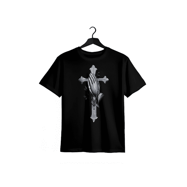 Camiseta deportiva negra para hombre con diseño de cruz y mano en oración, tejido microelástico de 95% elastano, ideal para fitness y entrenamiento.