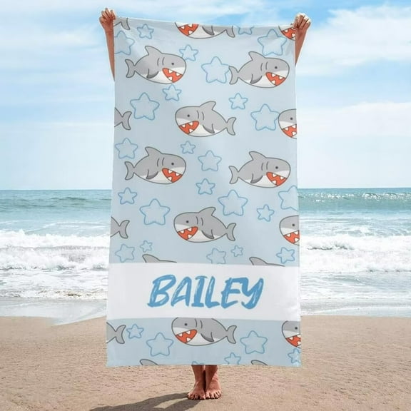 AISENIN Personalized Beach Towels for Boys with Name Kids Beach Towel with Shark Design Microfiber Customized Monogrammed Beach Towels for Beach Travel Pool Camping