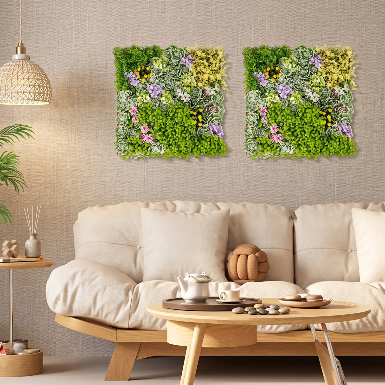 ALPULON 20 x 20 3D Artificial Greenery Panel, Hanging Succulents Faux Plant Wall with 10 Types of Mixed Greenery for Balcony Home Office Indoor, Green and Brown