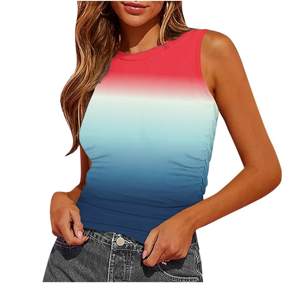GaThRRgYP Summer Tank Tops for Women Round Neck,Summer Tops for Women under $10,Women's Tank Summer Sleeveless Round-Neck Slim Fitted Blouse Side Ruched Basic Printed Tees Shirts Navy S
