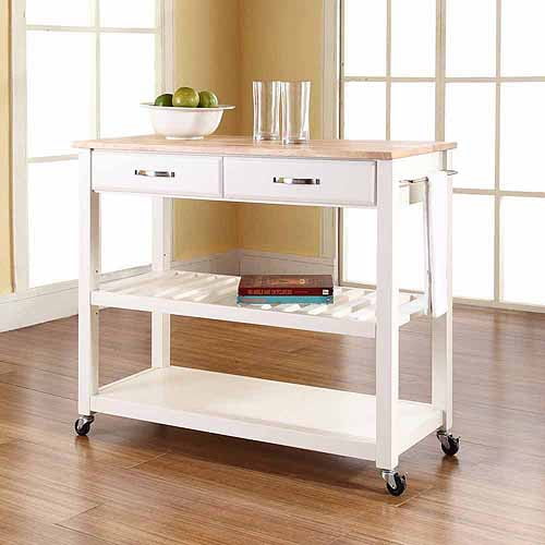 Crosley Natural Wood Top Kitchen Cart/Island with Optional Stool Storage White : Solid Hardwood, Mobile Storage