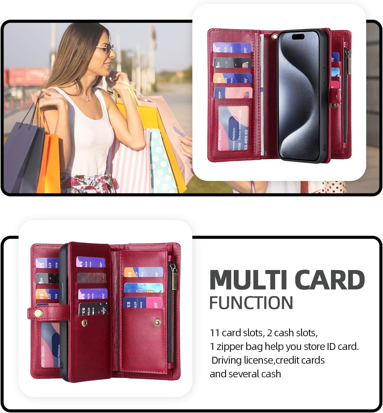 Phone Case Wallet Case Compatible for iPhone 15,iPhone 15 Multifunctional 2 in 1 Magnetic Case Wallet,Durable PU Leather Flip Lanyard Strap Wristlet Zipper Card Holder  for iPhone 15