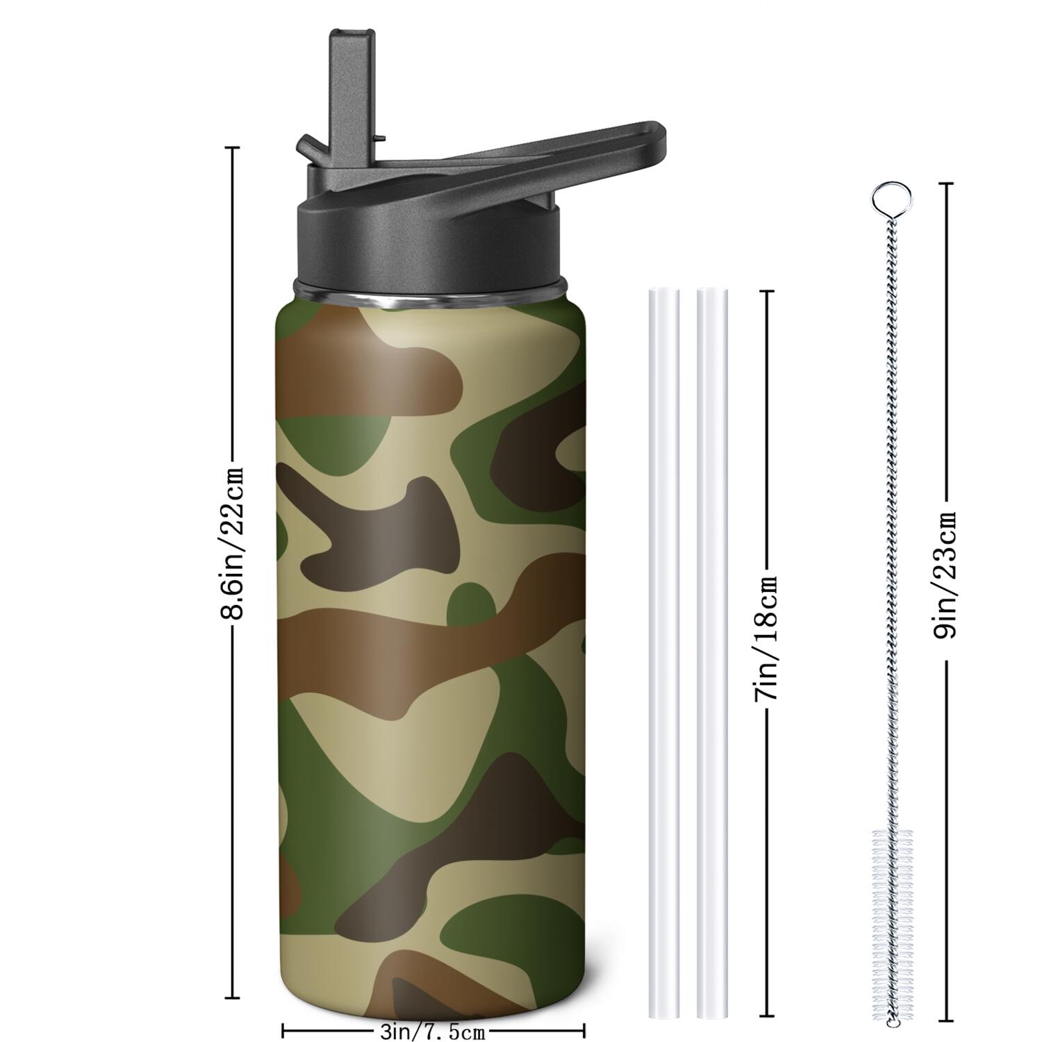 Camouflage Insulated Stainless Steel Water Bottle with Straw & Cleaning Brush – 18 Oz | Leakproof, BPA-Free, 304 Stainless Steel, Wide Mouth, Travel Mug for Car, Gym, Office