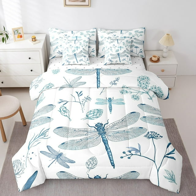 YST Dragonfly Bedding Set Queen 7 Piece,Teal Hydrangea Dragonfly Comforter Set With Sheets Nature Floral Botanical Bed In A Bag With Pillow Cases And Covers,Reversible
