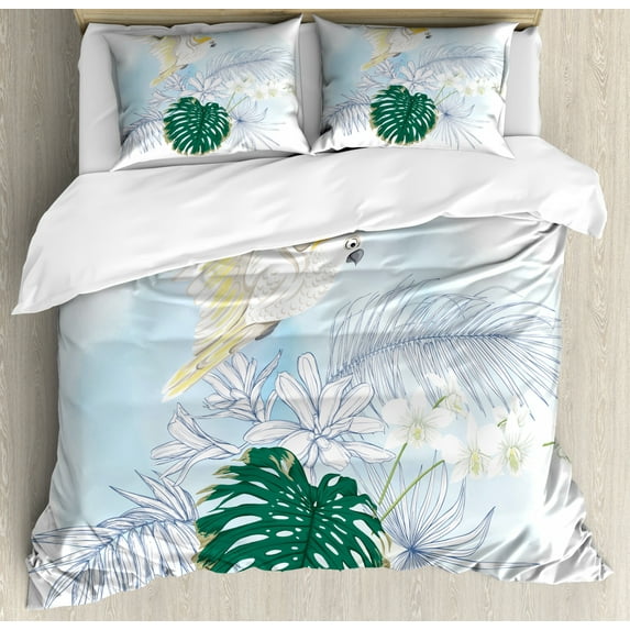 Tropical Duvet Cover Set King Size, Layout of Exotic Hawaiian Plantation Orchids and a Cockatoo Parrot, Decorative 3 Piece Bedding Set with 2 Pillow Shams, Forest Green Multicolor, by Ambesonne